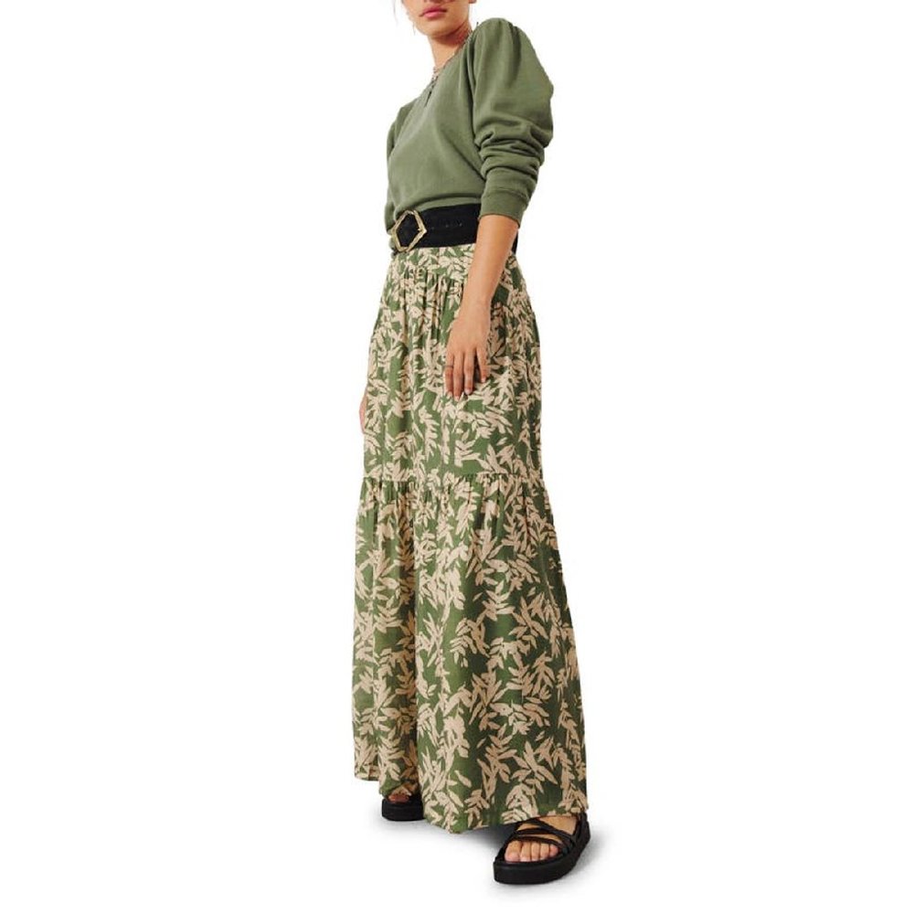 BA&SH Tally Botanical-print High-rise Woven Maxi Skirt in Green Size 0 | XS